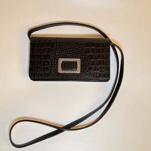 Brighton Vintage Black Crocodile-Embossed Clutch folding Crossbody Wallet